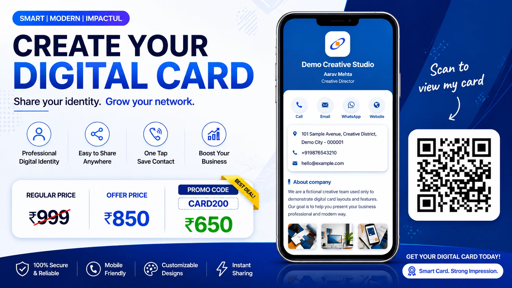 1-card.in digital card pricing: regular price ₹999, offer price ₹850, and ₹650 with promo code CARD200